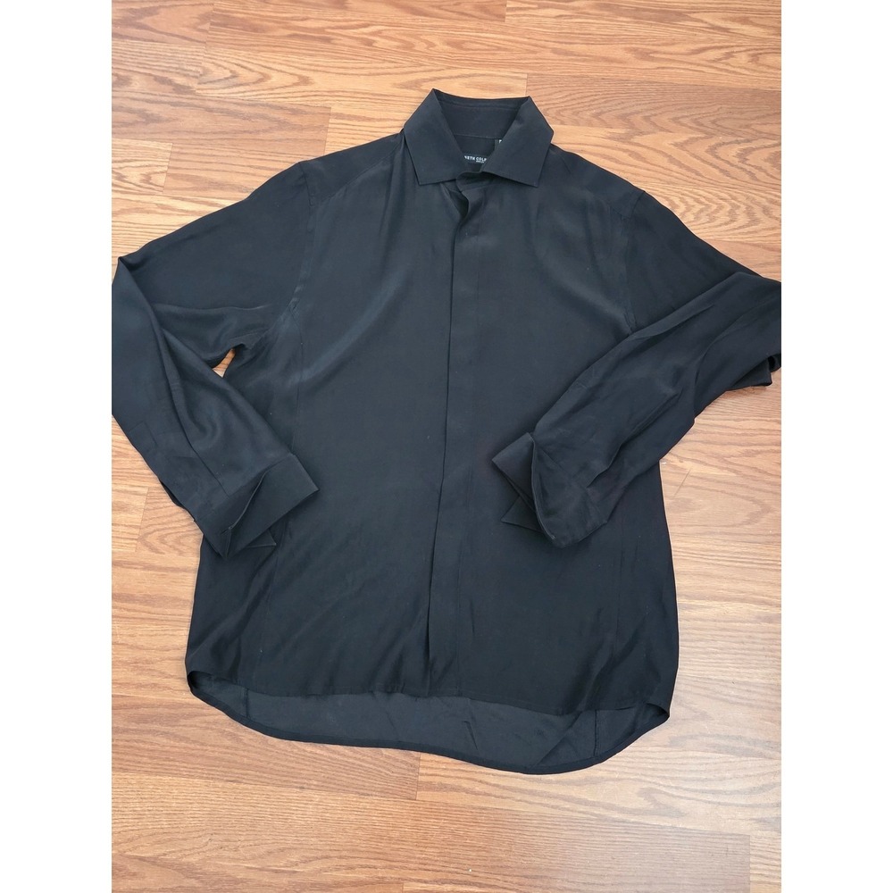 Kenneth Cole‎ New York Mens Silk Cotton Blend Dress Shirt Black Hidden Button M